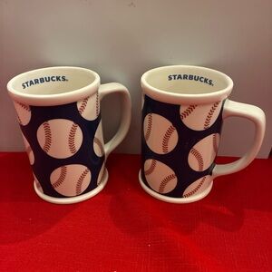 PAIR Of Starbucks Coffee 2007 Baseball Mugs 16 Oz, 5" Tall Red White Blue